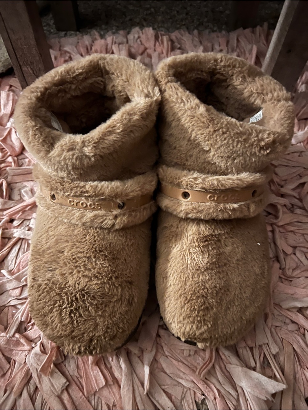 CROCS Fuzzy Ankle Booties in Tan